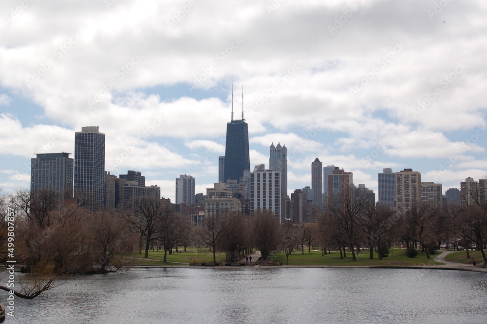 The Chicago skyline showing the John Handcock building from the Lincoln Park zoo.