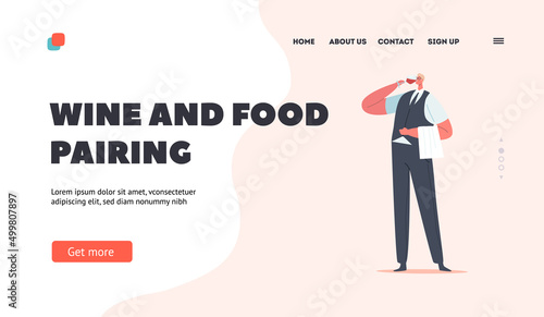 Wine and Food Pairing Landing Page Template. Sommelier Tasting Wine, Specialist Male Character Drink Beverage
