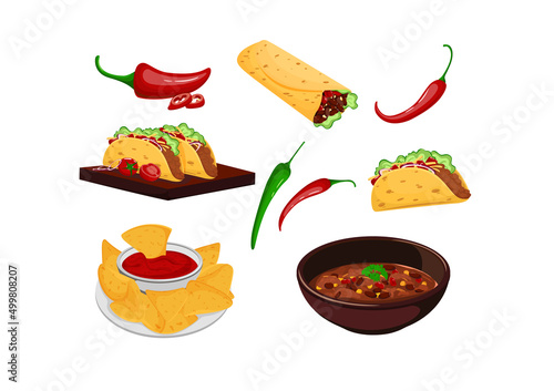 Mexican food set. Traditional tacos, burrito, nachos, chili con carne isolated on white background. Mexican cuisine, fast food. Hot chili pepper. Cartoon style. vector illustration
