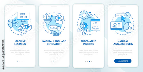 Advanced analytics blue onboarding mobile app screen. Automating insight. Walkthrough 4 steps graphic instructions pages with linear concepts. UI, UX, GUI template. Myriad Pro-Bold, Regular fonts used