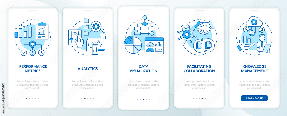 Business intelligence functions blue onboarding mobile app screen. Walkthrough 5 steps graphic instructions pages with linear concepts. UI, UX, GUI template. Myriad Pro-Bold, Regular fonts used