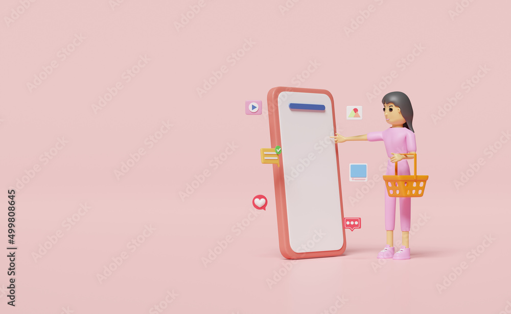 3d online shopping concept with character woman cartoon, basket , cart icons isolated on pink background. online marketing, communication applications, 3d render illustration