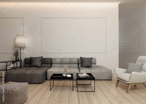Wnętrze nowoczesnego, eleganckiego i minimalistycznego pokoju dziennego. Zaprojektowanego jako połączenie szarości, beżu i bieli oraz jasno drewnianej podłogi.