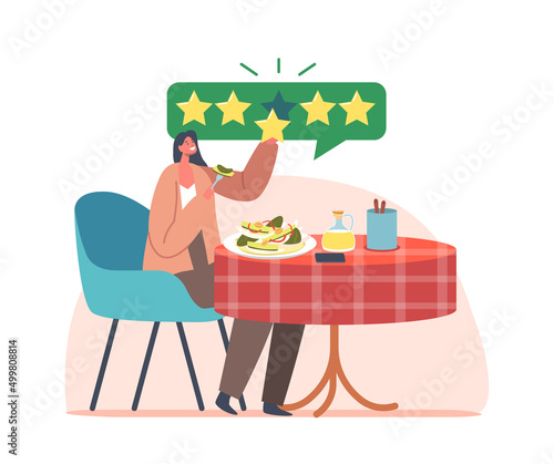 Food Critic, Satisfied Foodie Character Sitting at Table Enjoying Delicious Five Stars Meals. Expert Visiting Restaurant