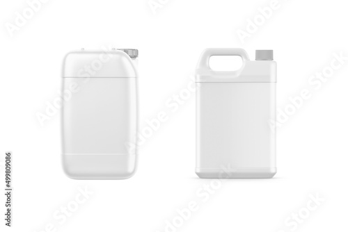 White plastic canister oil, cleanser, detergent, abstainer, liquid soap, milk, juice on white background isolated.Blank Plastic Canister Jerry can mockup isolated on white background. 3d rendering. photo