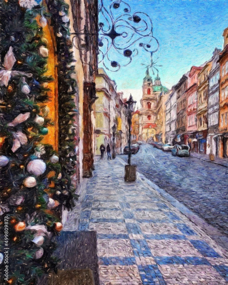 Fototapeta Prague Czechia drawing in oil city center vintage houses and architecture, Europe travel, wall art print for canvas or paper poster, tourism production design, real painting modern artistic artwork