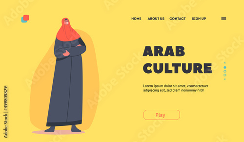 Arab Culture Landing Page Template. Arabic Woman Wear Traditional Dress, Arabian Female Dressed in National Costume
