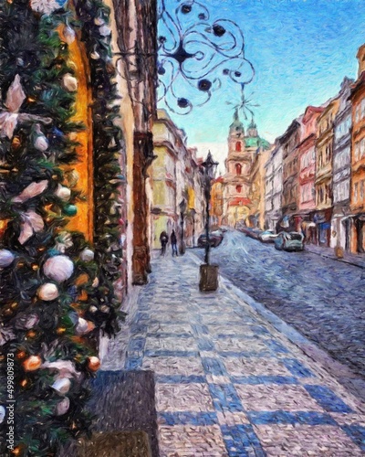 Prague Czechia drawing in oil city center vintage houses and architecture  Europe travel  wall art print for canvas or paper poster  tourism production design  real painting modern artistic artwork