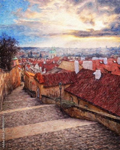 Canvas Print Prague Czechia drawing in oil city center vintage houses and architecture, Europ