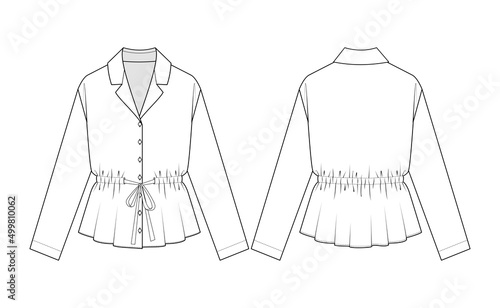 Fashion technical drawing of lapel-collar blouse with drawstring waistline