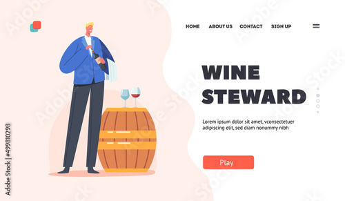 Wine Steward Landing Page Template. Sommelier Holding Bottle Stand near Wooden Barrel with Wineglasses