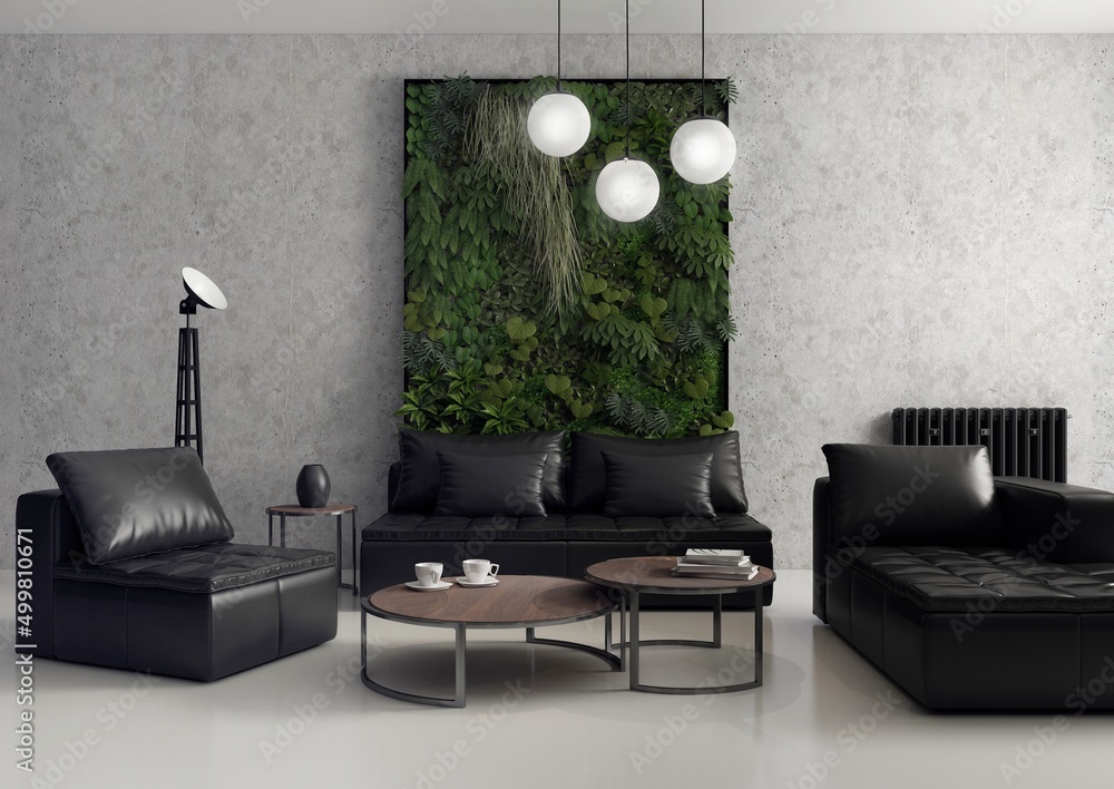 Nowoczesne i minimalistyczne wnętrze z wertykalnym ogrodem na betonowej ścianie i czarnymi meblami. - obrazy, fototapety, plakaty 