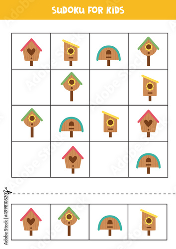 Educational sudoku game with cute birdhouses for kids.