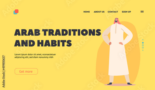 Arab Traditions and Habits Landing Page Template. Saudi Male Character Wear Thawb or Kandura Dress, Arabian Man