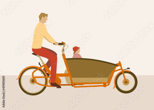 Colorful vector illustration of a man on a red freight bicycle with his child in front
