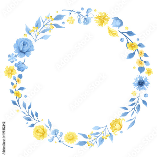Wreath of yellow-blue flowers. Ukrainian folk ornament