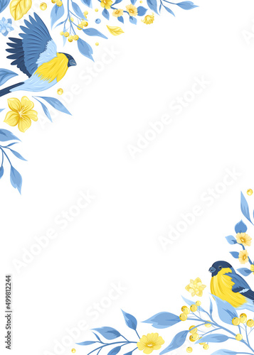 Card with yellow and blue folk flowers and birds