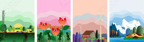 Nature and landscape. Vector illustration of trees, forest, mountains, flowers, plants, houses, fields, farms and villages. Picture for background, postcard or cover