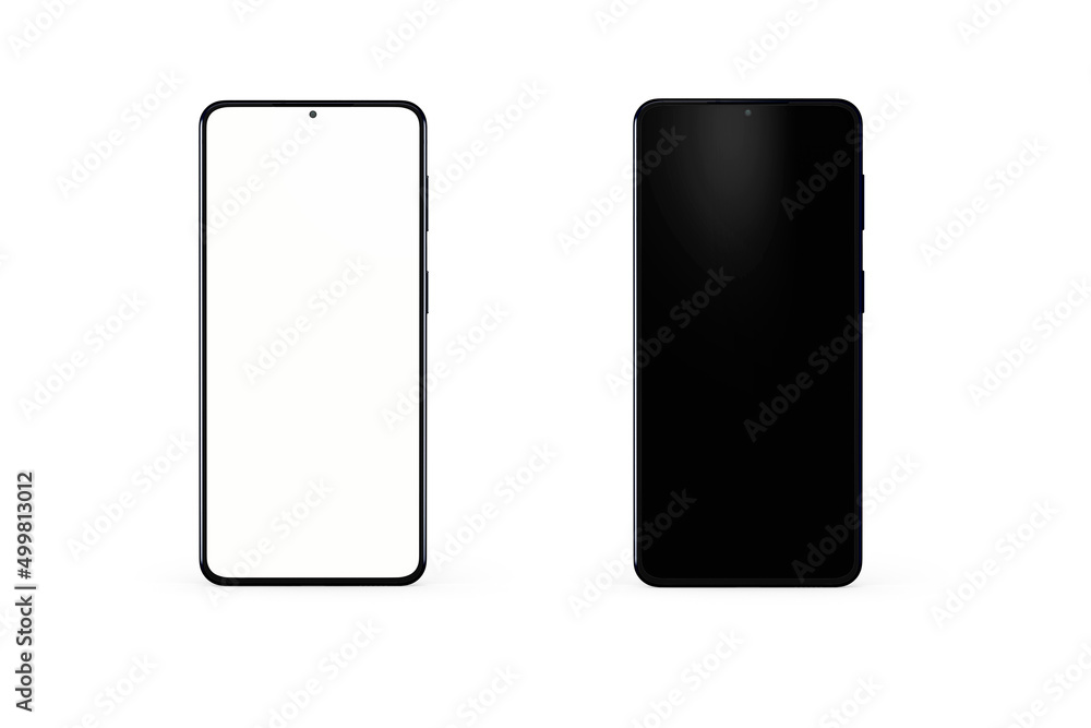 Set of Two Realistic smartphones mockup. Mobile phones with blank white and black screen. 3d rendering. Set of Two Realistic smartphones mockup. Mobile phones with blank white and black screen. 3d rendering.