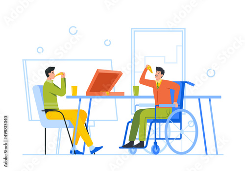Cheerful Business Men Healthy and Disabled Colleague on Wheelchair Eating Pizza in Office. Employees Team Lunch or Break