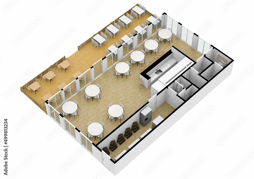 Cafe interior with coffee machines, tables, seats, counter, cash