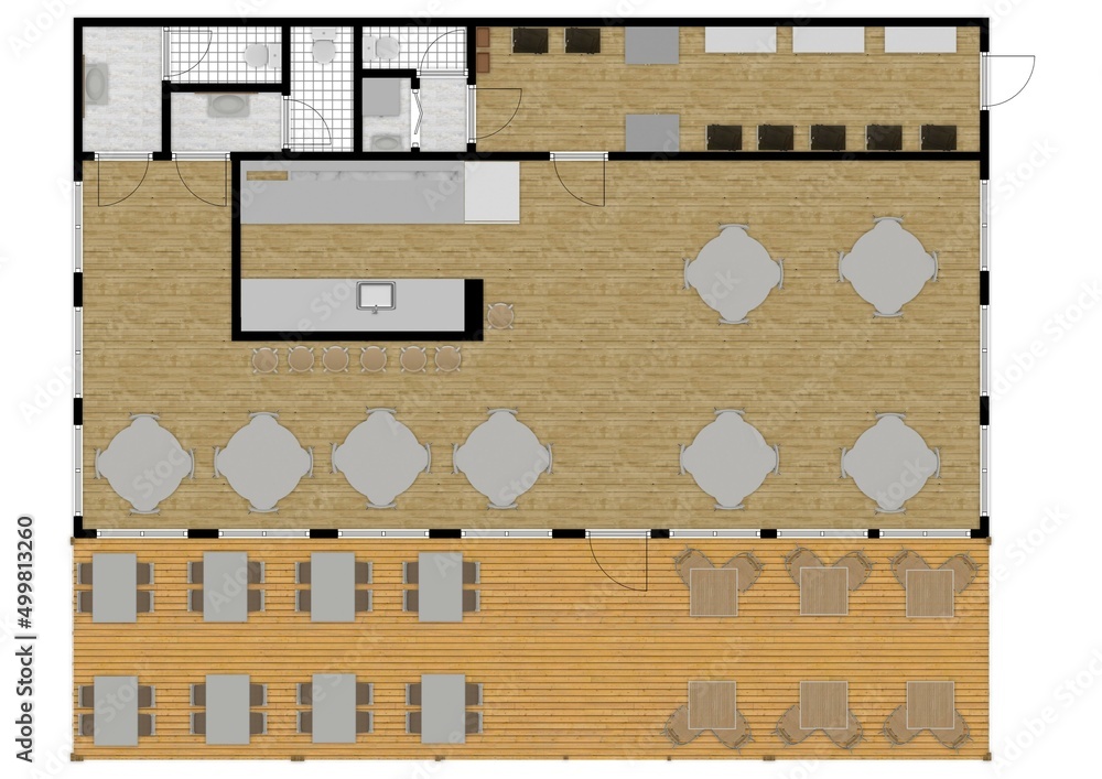 Cafe interior with coffee machines, tables, seats, counter, cash