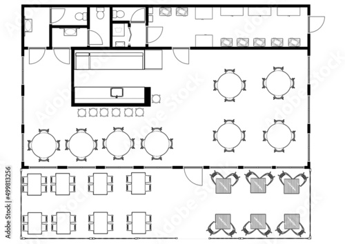 Cafe interior with coffee machines, tables, seats, counter, cash register and blackboard menu. Floorplan Cafe bar restaurant floor plan top view.