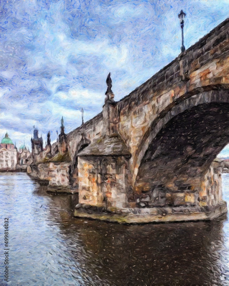 Fototapeta premium Prague Czechia drawing in oil city center vintage houses and architecture, Europe travel, wall art print for canvas or paper poster, tourism production design, real painting modern artistic artwork