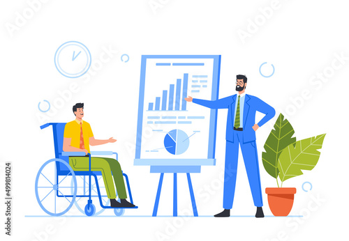 Disabled Business Man on Wheelchair Watch Seminar Presentation with Couch or Boss Character Give Financial Information