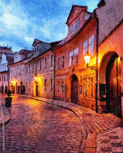 Prague Czechia drawing in oil city center vintage houses and architecture, Europe travel, wall art print for canvas or paper poster, tourism production design, real painting modern artistic artwork