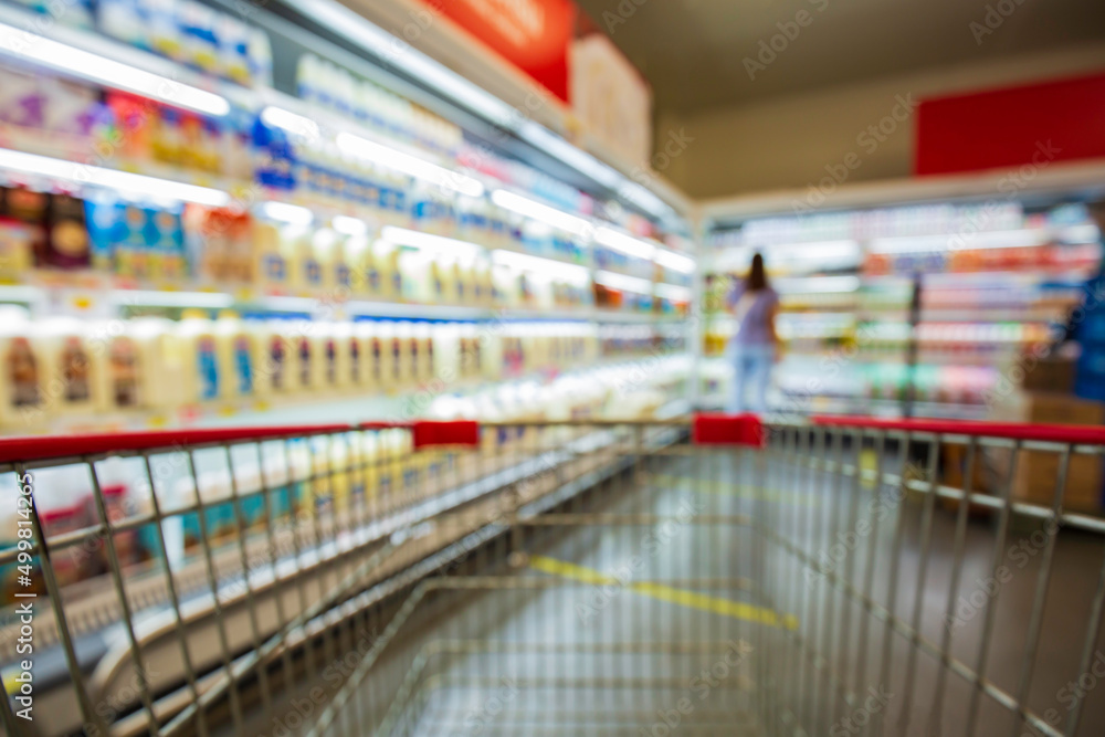 Defocused blur of supermarket shelves with dairy products