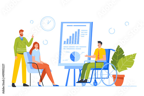 Conference Room Meeting, Presentation or Seminar with Business Characters Learn Financial Data Charts with Disabled Man