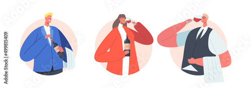 Set of Sommelier or Wine Stewards Isolated Round Icons or Avatars. . Restaurant Expert Characters Drinks Degustation