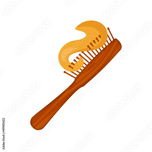 Hairbrush with blond hair stuck in the bristle. Hair strands on a comb. Excessive hair fall problem. Alopecia symptom concept. Vector illustration.
