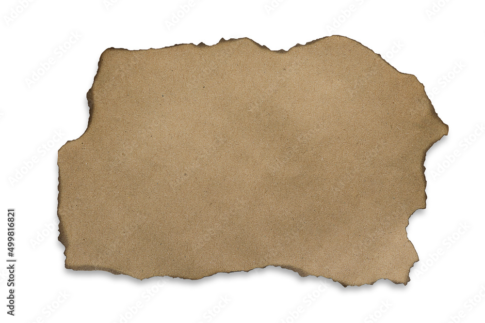 a piece of singed paper with scorched edges on a white background