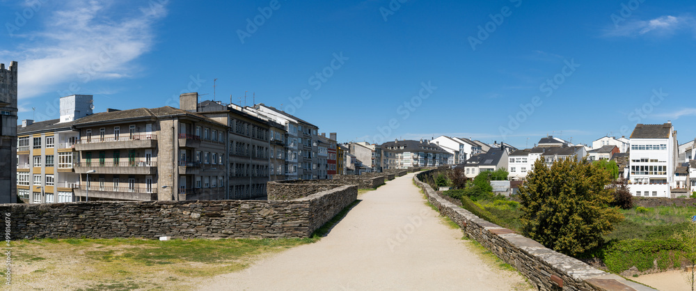 panorama view of the Roman city walls of Lugo and downtown district
