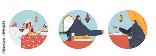 Set Round Icons Traditional Arab Family Characters Eating Ifthar Sit Together at Table with Festive Meals During Ramadan