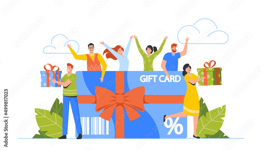 Male and Female Characters Buying Things and Presents for Holidays Using Gift Certificate or Discount Coupon Male and Female Characters Buying Things and Presents for Holidays Using Gift Certificate or Discount Coupon