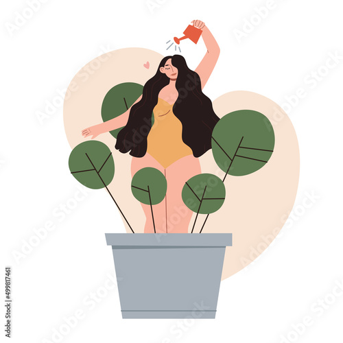 Happy woman watering herself in a flower pot. Self growth, personal improvement and self development. Mental health, self help, self care concept. Hand drawn vector flat cartoon style illustration