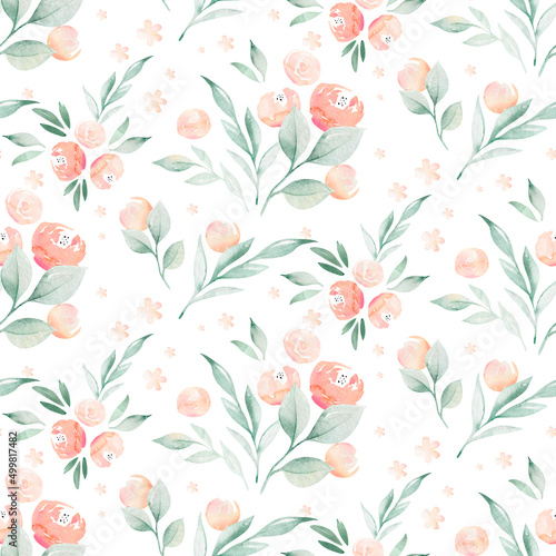 Watercolor floral botanical pattern and seamless background. Ideal for printing fabric and paper or scrapbooking. Hand painted. Raster illustration.