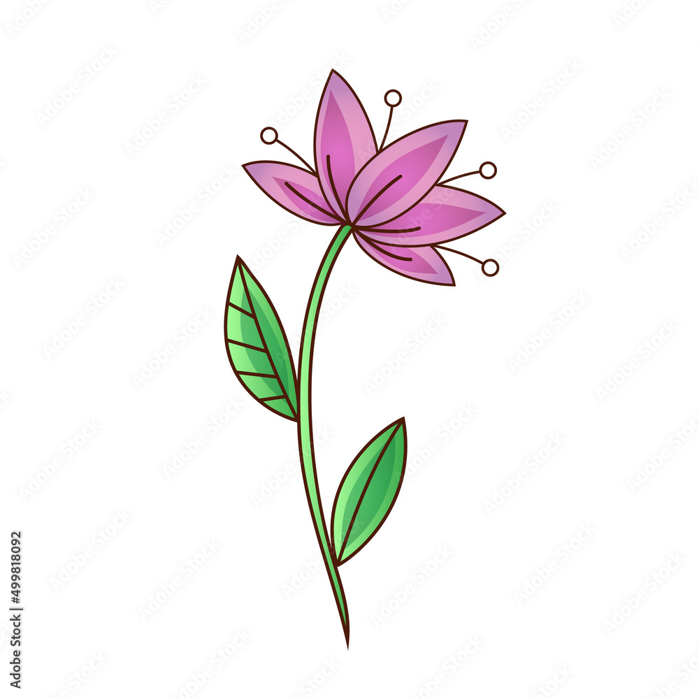 Obraz premium Vector drawing of a decorative lily flower with stamens and leaf. Vector flat illustration. Icon, sticker. Cartoon illustration.