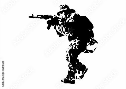 Soldier standing and ready to open fire from rifle gun, isolated symbol.