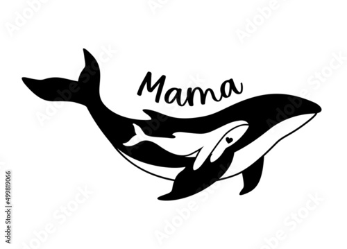 Mama whale and baby whale silhouette. Animal sign, logo, emblem or badge. Pet vector illustration. Mom with baby symbol.