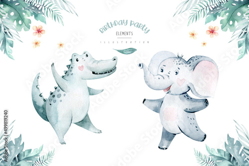 Cute baby birthday party nursery watercolor dancing crocodile and elephant animal isolated illustration for children baby shower. Tropical forest and jungle Perfect for nursery posters, patterns.  photo