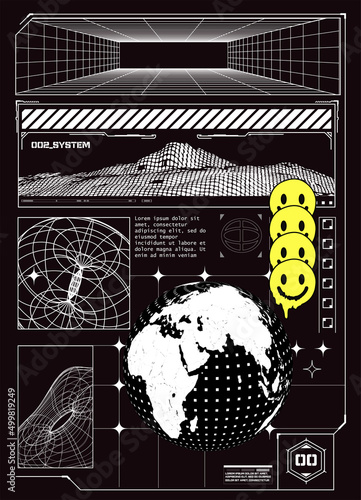 Abstract future poster. In the Techno (hud)  style, a trendy print for a T-shirt.  Black and white retro cyberpunk style poster cover design. Vector illustration.