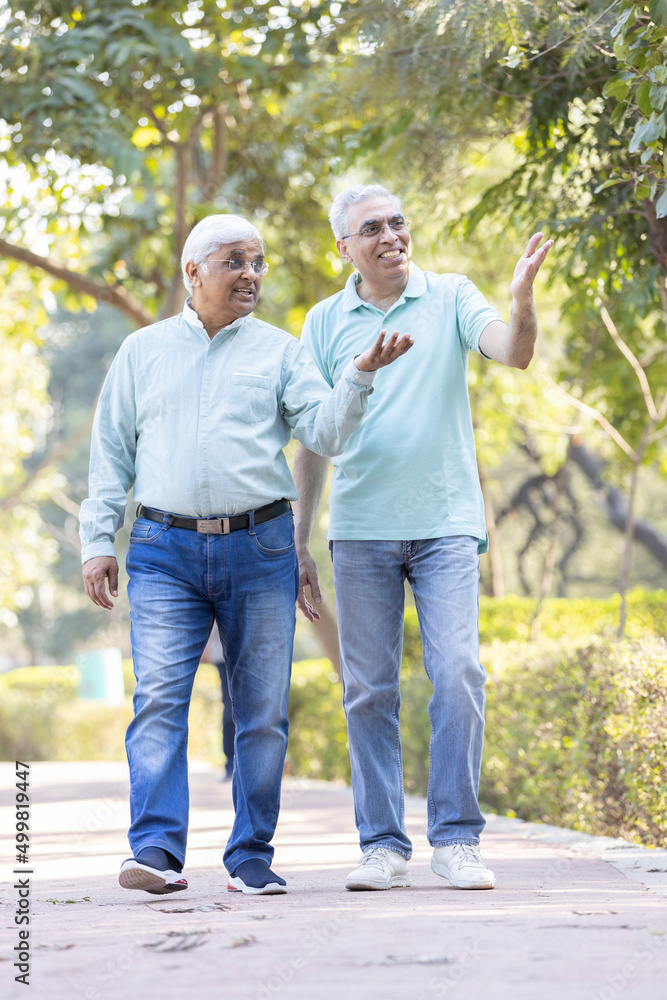 Happy senior men admiring view at park Happy senior men admiring view at park