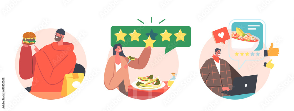 Fototapeta premium Set of Food Critics Avatars or Round Icons, Taster Making Opinion on Food. Professional Bloggers Making Review Ranking