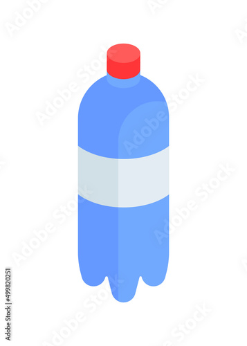 Blue plastic bottle with white cover label and red lid for drink beverage retail isometric vector illustration. Container for liquid beverage water, juice, milk, soda, sweet aqua minimalist 3d icon