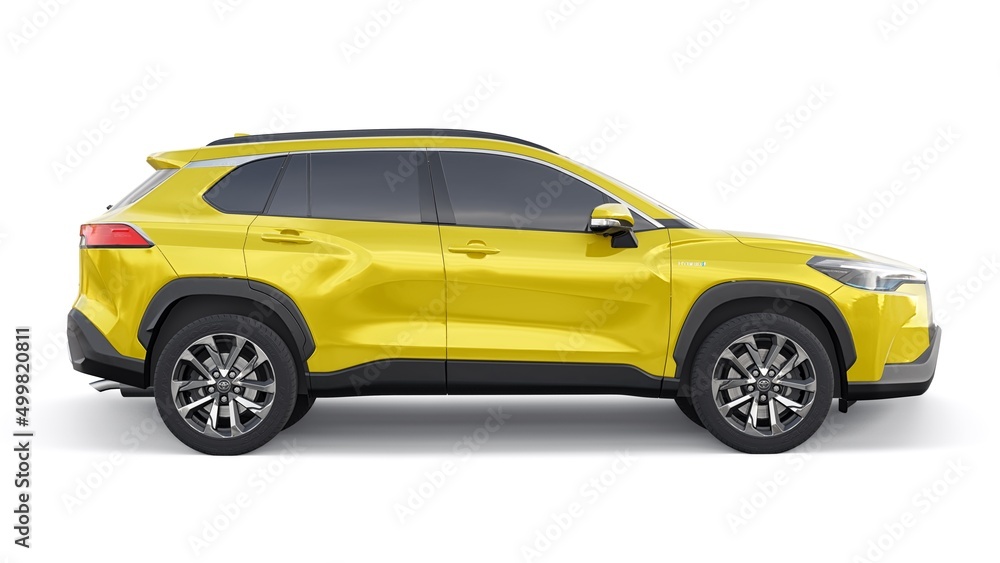 Tokyo, Japan. April 19, 2022: Toyota Corolla Cross 2020. Compact yellow ...