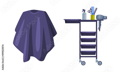 Table on wheels with shelves and cape. Professional hairdresser tools and barber supplies cartoon vector illustration